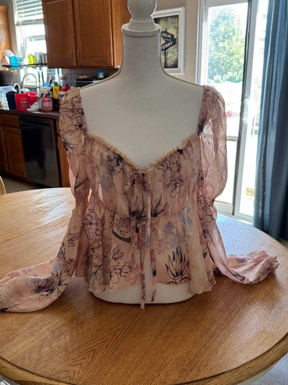 Current Mood Pink Floral Sheer Tie-Front Peplum Blouse